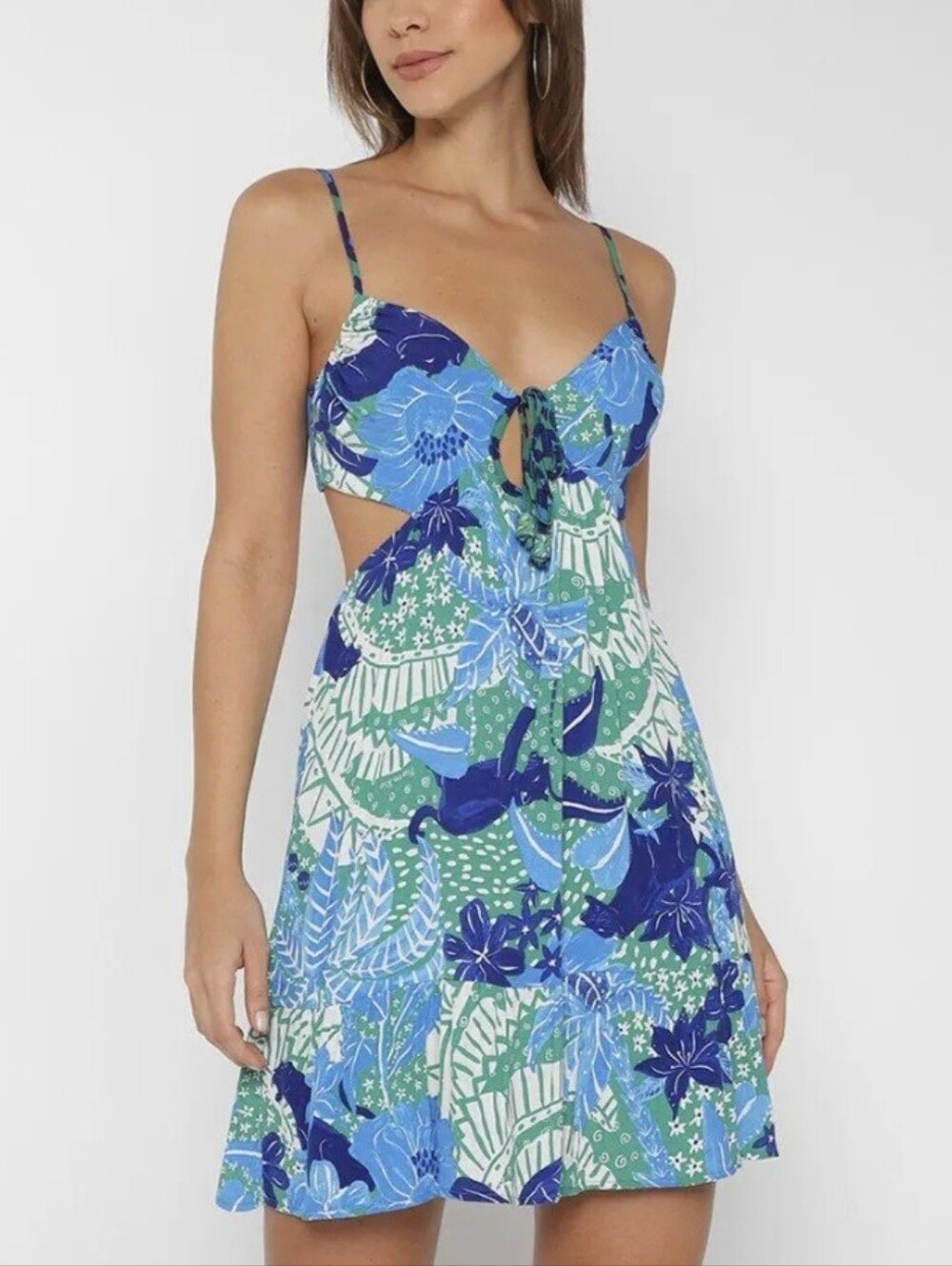 Farm Rio Sun Dress Onca Primaveril Blue Green Tropical Cut Out Mini Size S